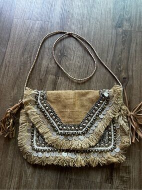 Sashi anthropologie Boho Fringe Coin-Embellished Crossbody Bag in Tan